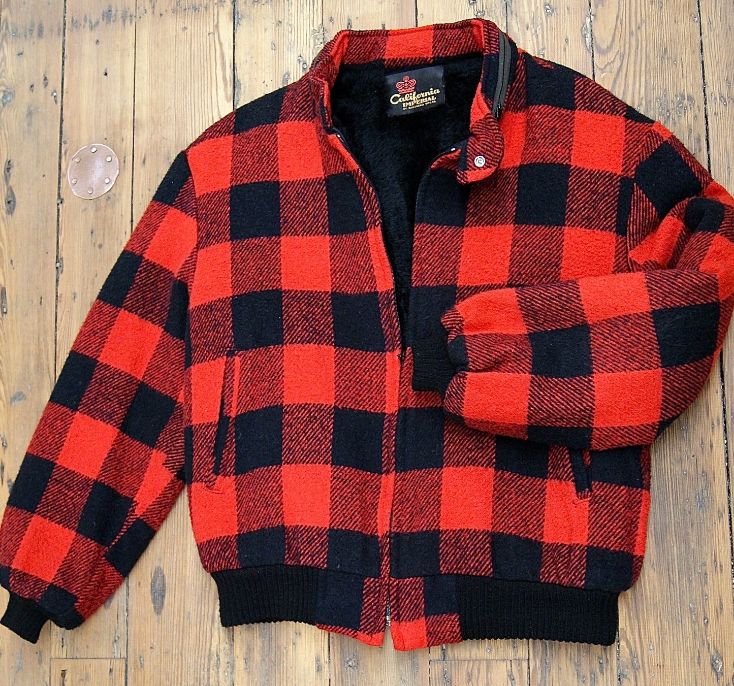 Vintage USA-made buffalo plaid wool jacket with black sherpa lining