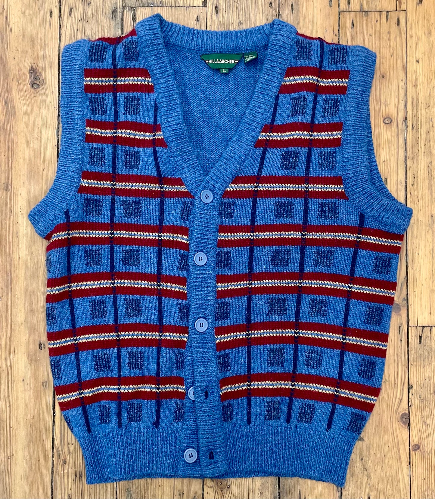 light blue Button-Up Sweater Vest with maroon & gray stripes and contrasting dark lines and boxes