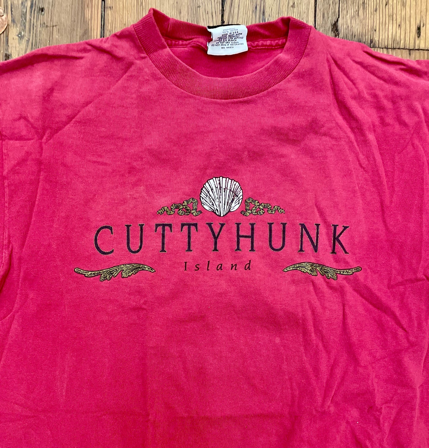 vintage red t-shirt with "Cuttyhunk Island" text & oyster shell graphic