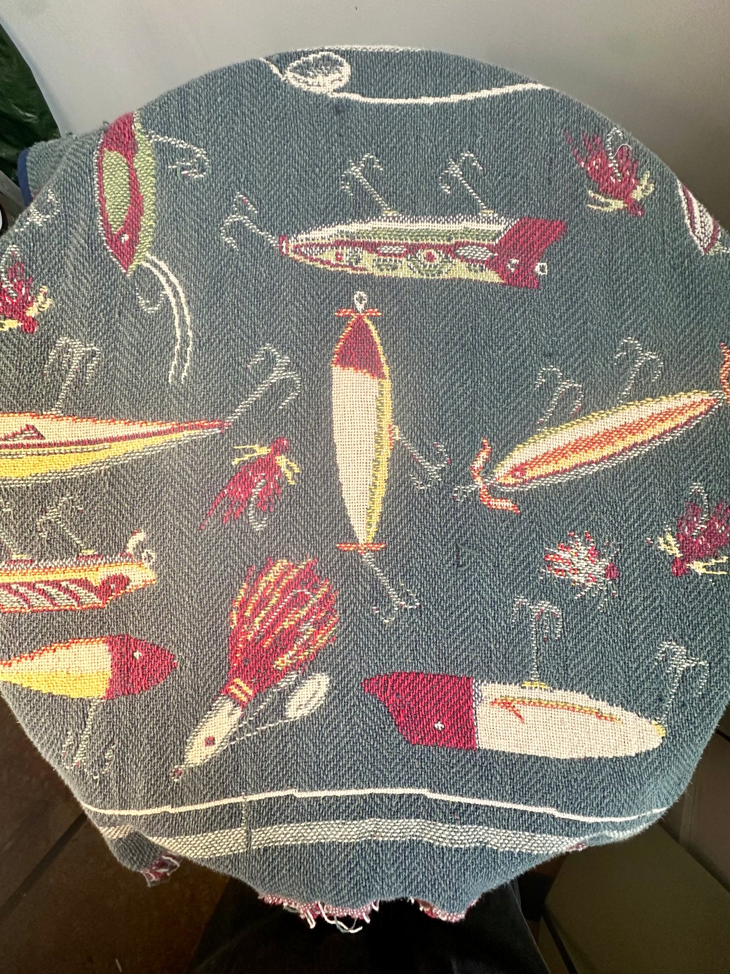 Reversible Hooded Vest with Embroidered Lures Print (handmade, repurposed design)