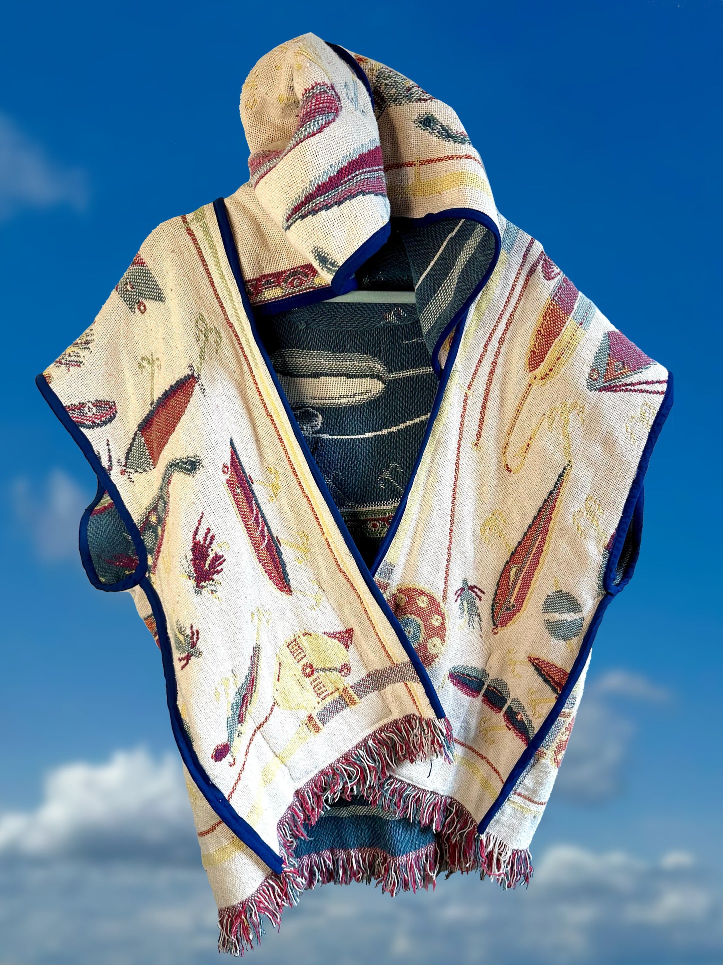 Reversible Hooded Vest with Embroidered Lures Print (handmade, repurposed design)