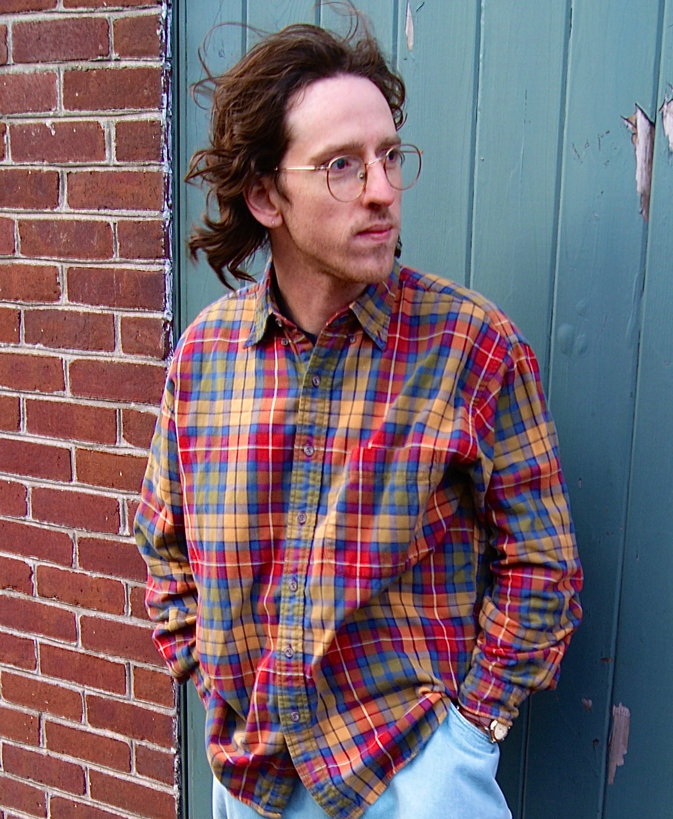 model wears Land’s End Lightweight Flannel Shirt