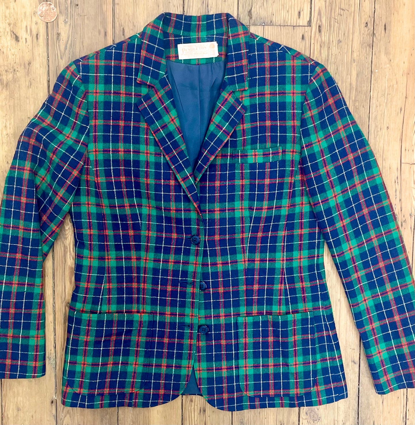 Pendleton All-Wool Plaid Blazer 70s era in blue-red-green color scheme