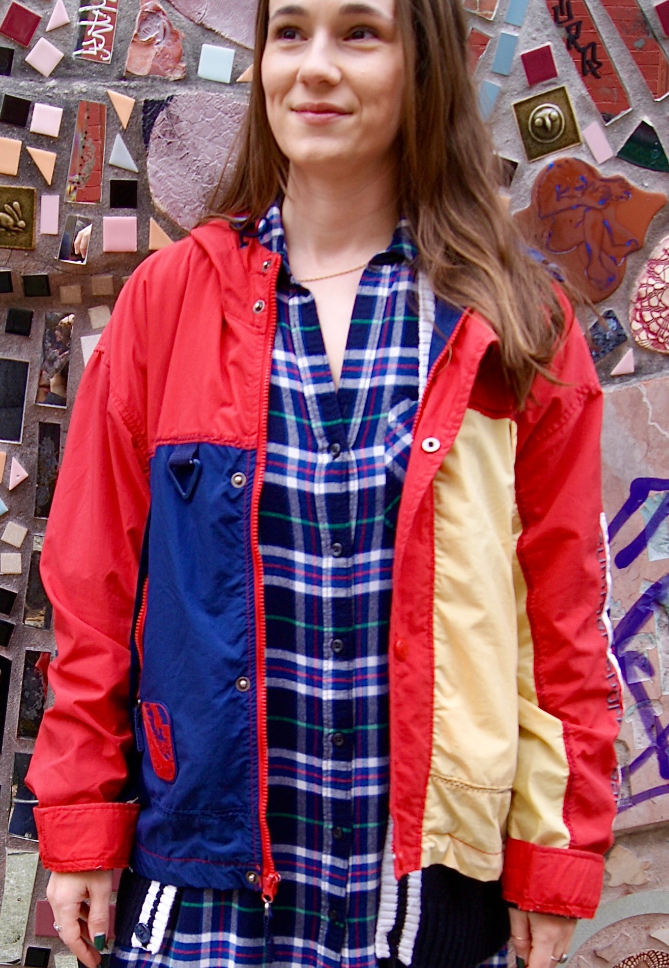 full-zip Regatta Sport hooded windbreaker with red, yellow & navy color block panels