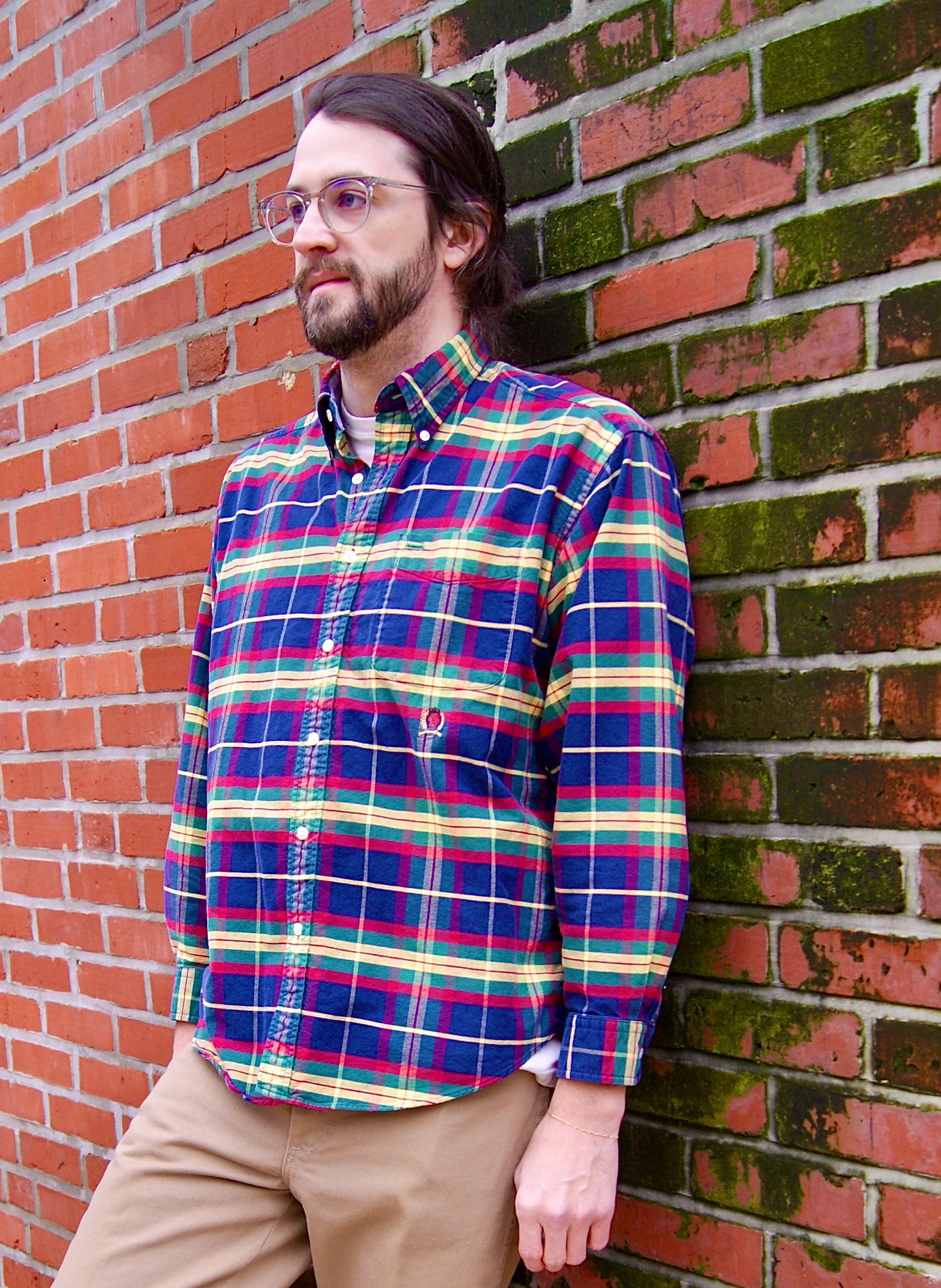 vintage blue plaid button-up shirt with accents of red, green & yellow