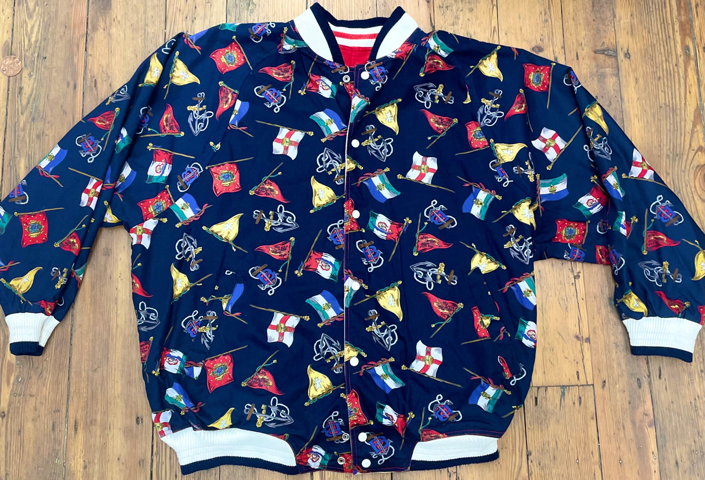 Reversible Bomber Jacket with Sailing Print [1990s, women’s large]