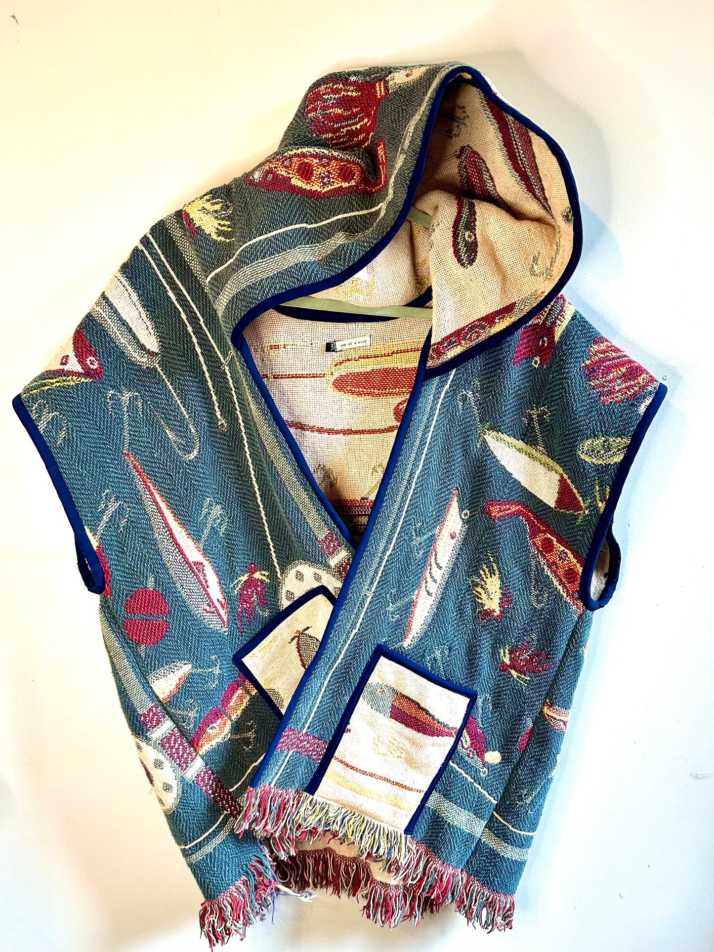 Reversible Hooded Vest with Embroidered Lures Print (repurposed design)