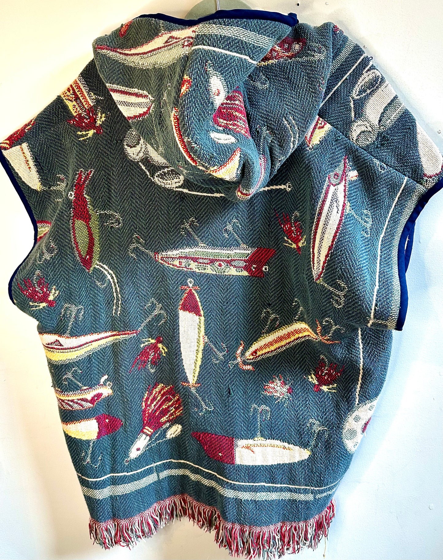 Reversible Hooded Vest with Embroidered Lures Print (repurposed design)