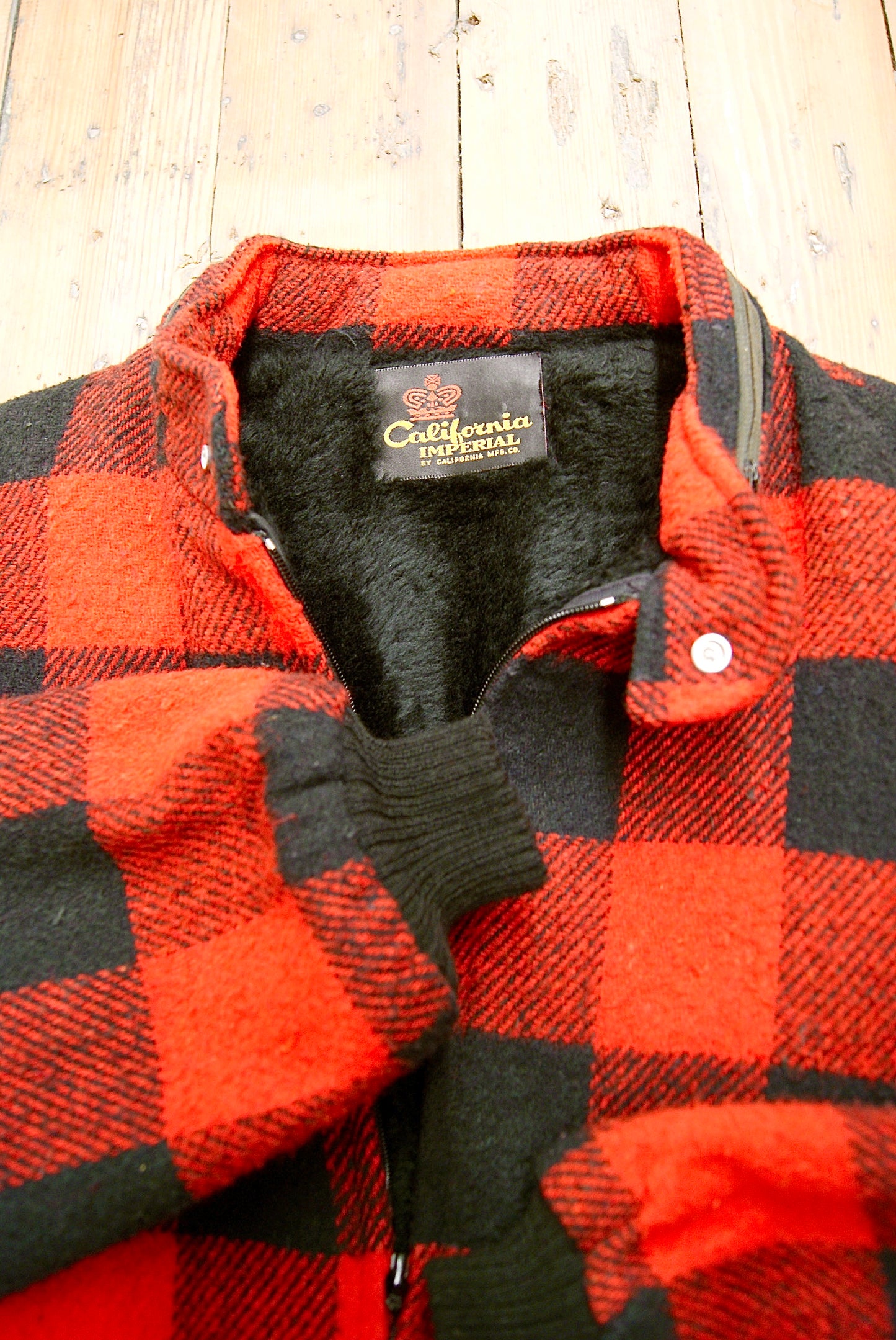 Sherpa-Lined Buffalo Plaid Wool Bomber Jacket [1970s, women’s large]