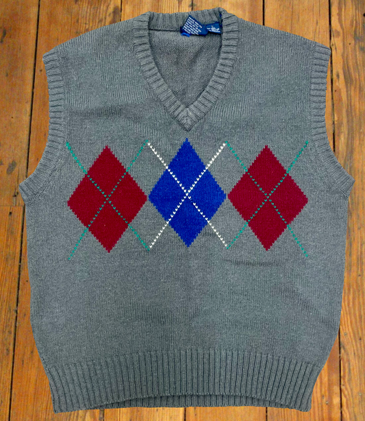 Gray Wool Blend Sweater Vest with blue & red argyle pattern on the front-center