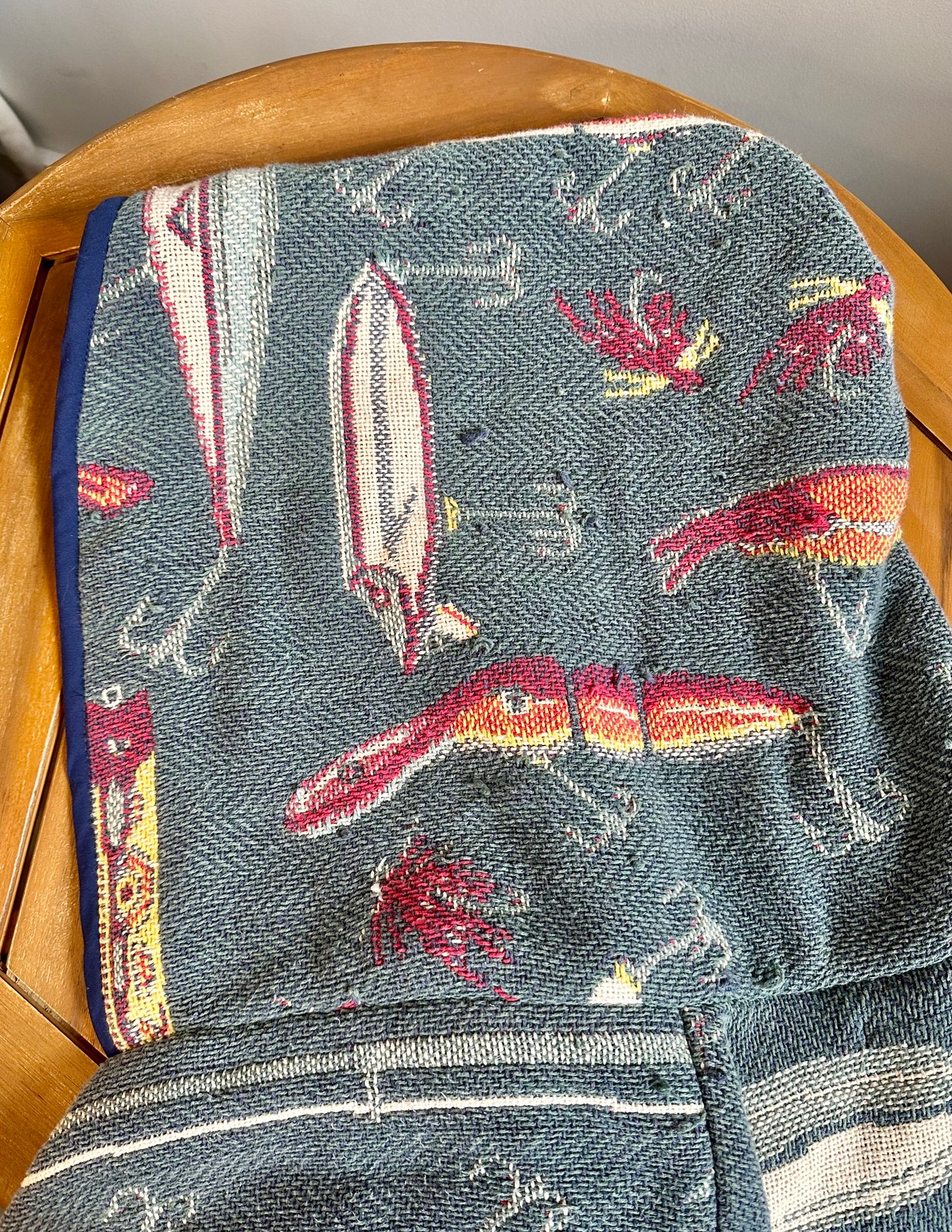 Reversible Hooded Vest with Embroidered Lures Print (handmade, repurposed design)