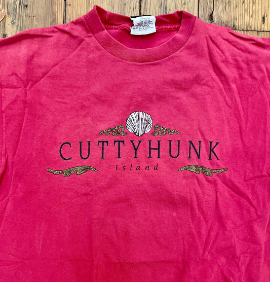 vintage red t-shirt with "Cuttyhunk Island" text & oyster shell graphic 