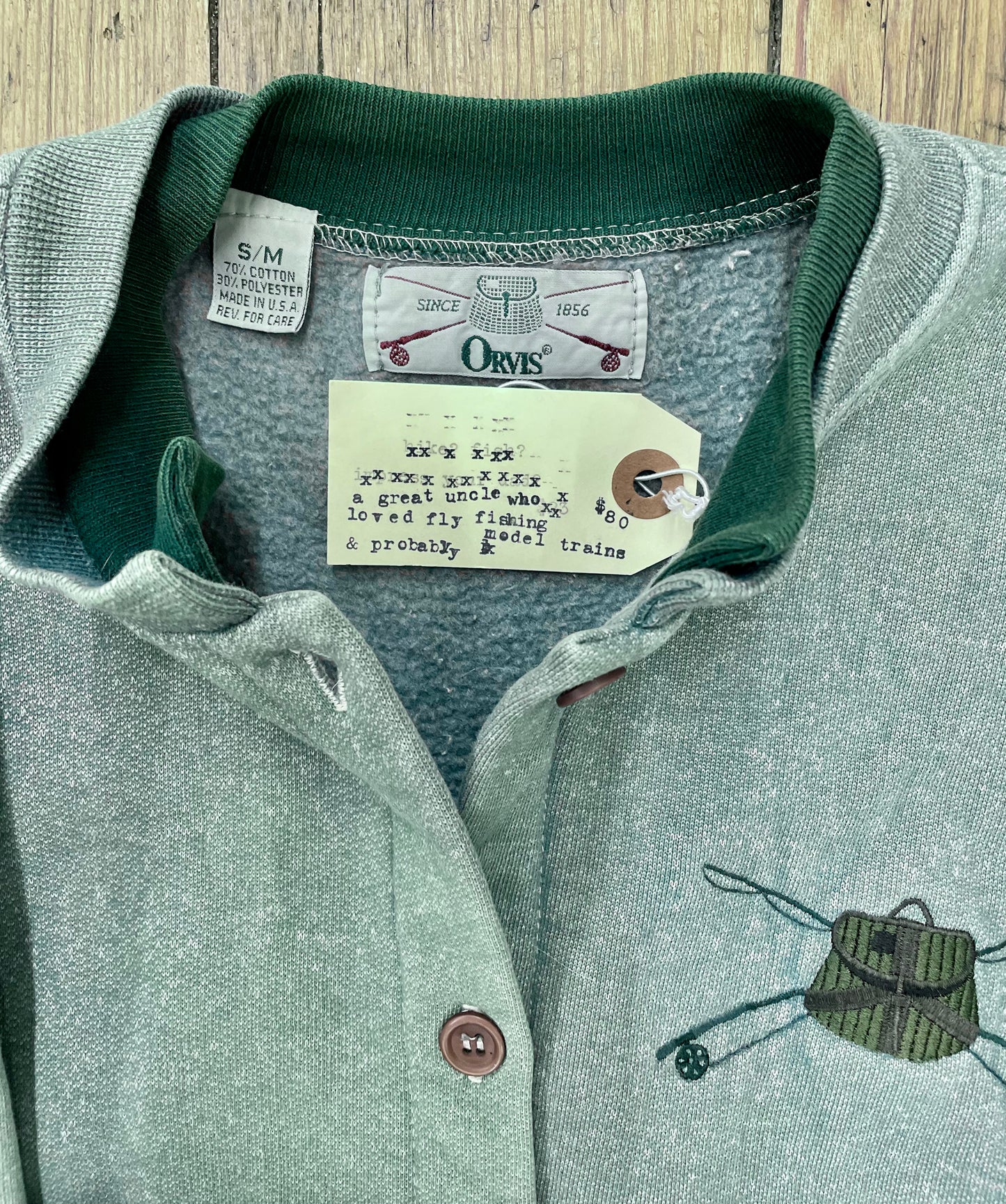 Orvis Cardigan Sweatshirt with Fly Fishing Stitched Graphic [vintage, medium]