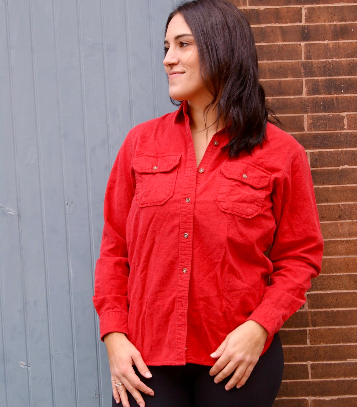 red chamois shirt on medium model