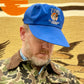 vintage blue fishing cap with extra long bill & fly fishing workshop graphic