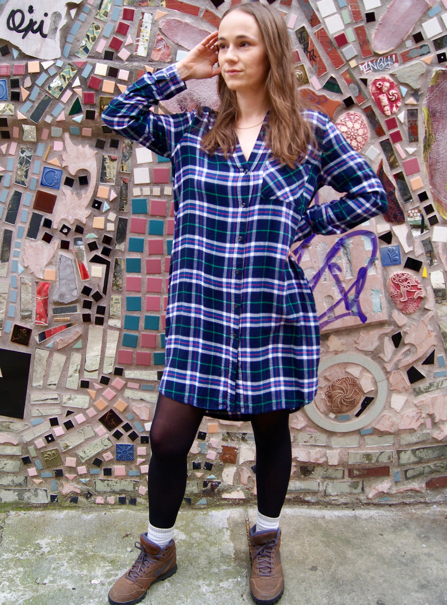 Black, green & indigo plaid flannel long-sleeve midi dress