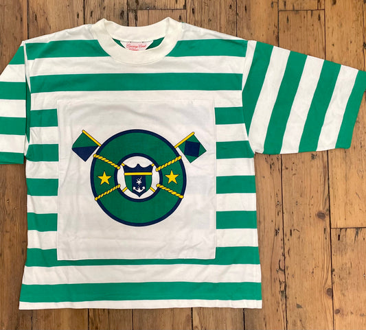 green & white striped t-shirt with nautical image feat. float, crest, flags