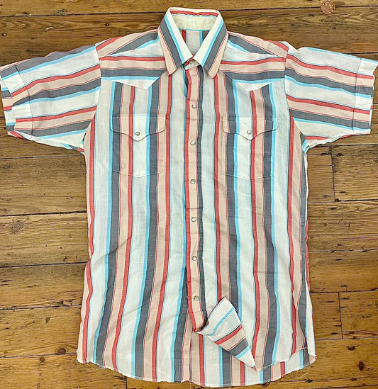 snap button short sleeve western shirt, white with light blue, tan, gray & red stripes