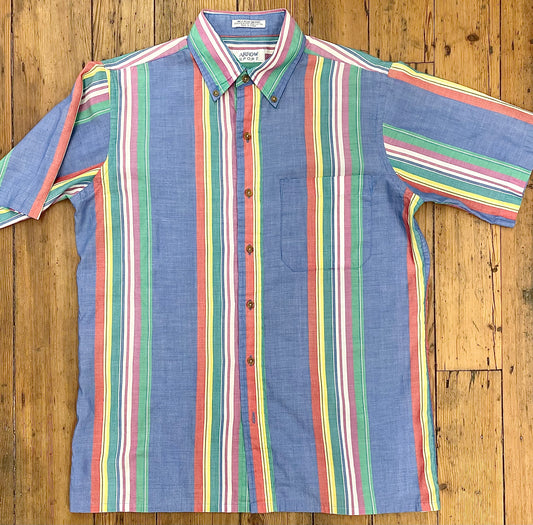 primarily blue vintage short-sleeve shirt with red-pink-yellow-green verticle stripes