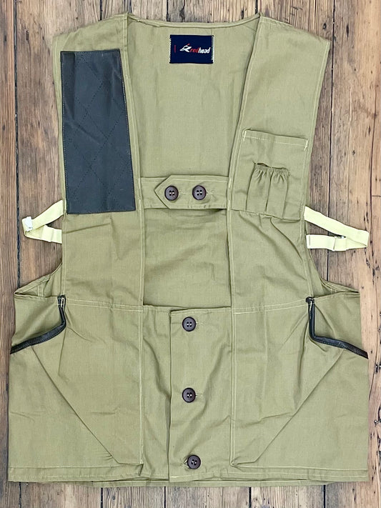 minimal vintage tan vest with leather shoulder patch