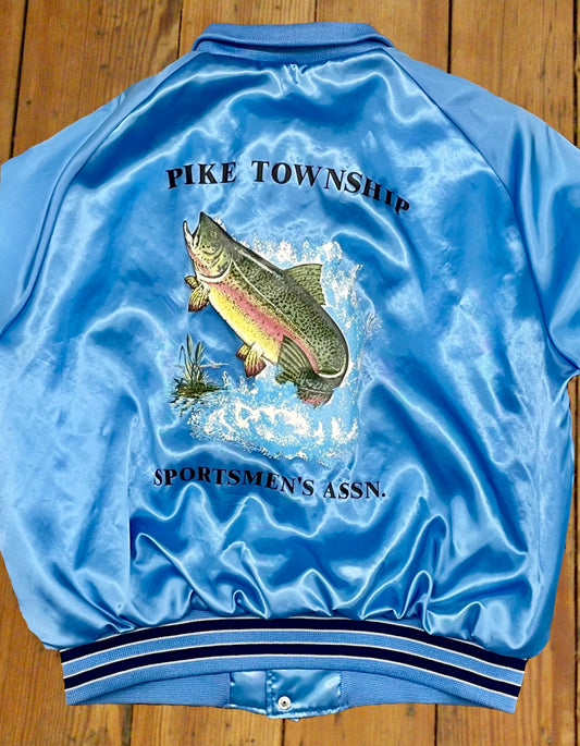Blue satin Sportsmen's Club Jacket with a rainbow trout design.