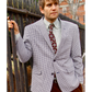 Model wears Tommy Hilfiger Men's Blue Gingham Blazer with brown corduroy pants