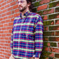 vintage blue plaid button-up shirt with accents of red, green & yellow  