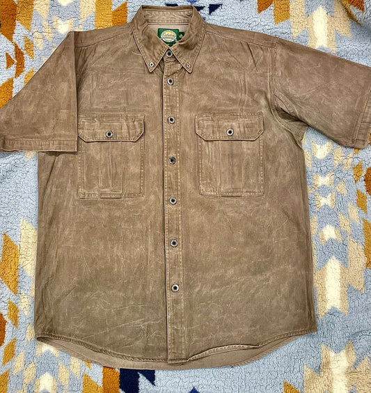 tan waxed cotton canvas button-up short-sleeve shirt 